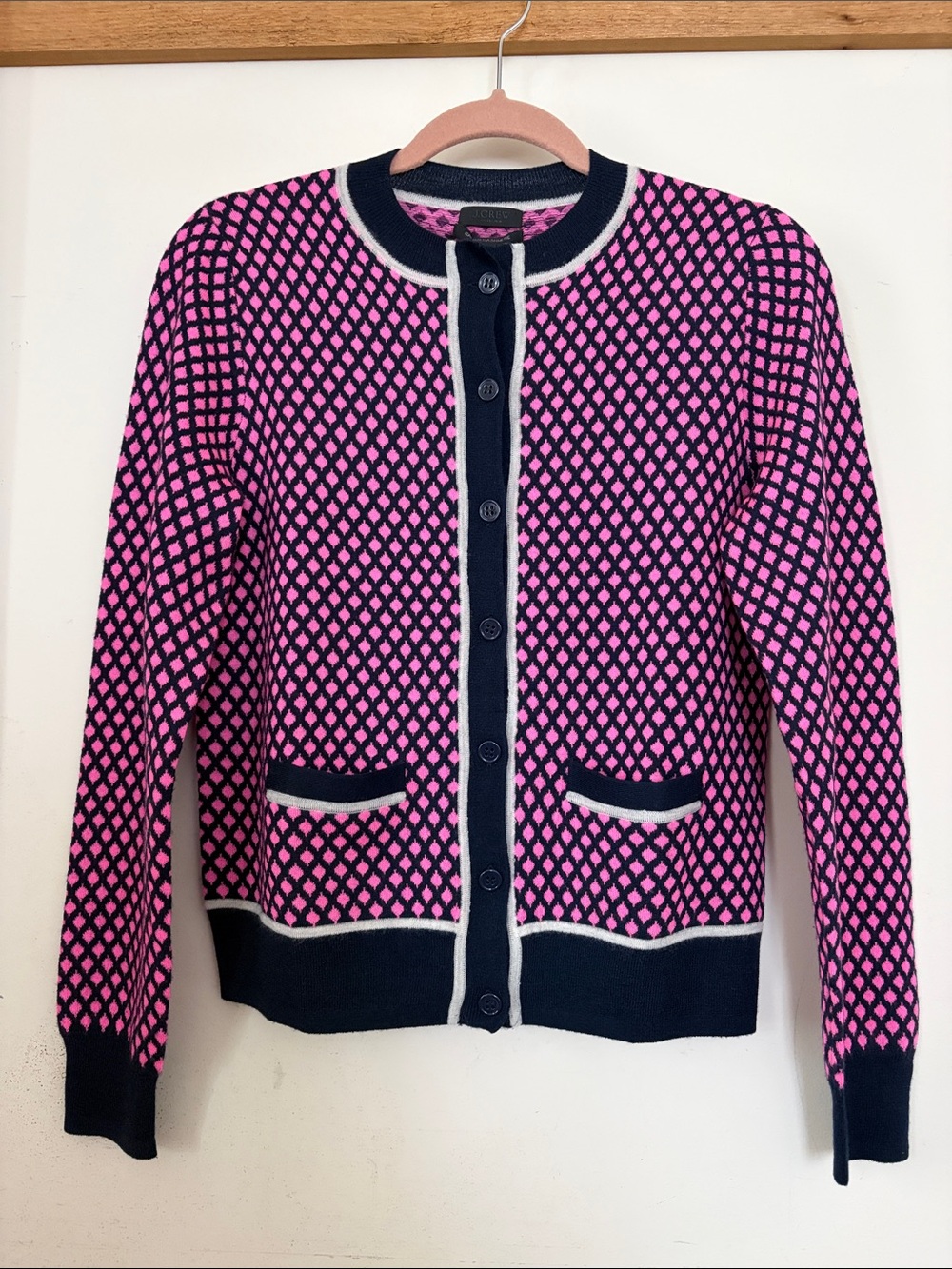 J.Crew Women's Cashmere Pink and Navy Patterned Cardigan Jacket